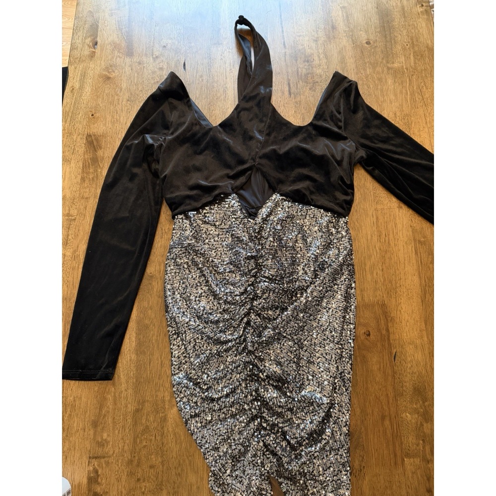 ASOS LUXE Black/Silver Sequin V-Neck Long Sleeve Bodycon Short Dress US 14